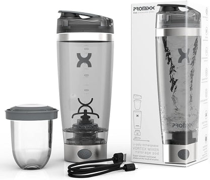 Promixx Pro Shaker Bottle | Rechargeable, Powerful for Smooth Protein Shakes | includes Supplement Storage - BPA Free | 20oz Cup (Silver White/Gray)