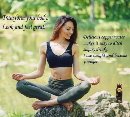 Pure Copper Water Bottle - Handcrafted - Ayurveda health benefits - Small 15 oz - Leak proof - Easy to carry for Sports, Fitness, Yoga, School - Textured Black Base Floral Colorful Enamel.