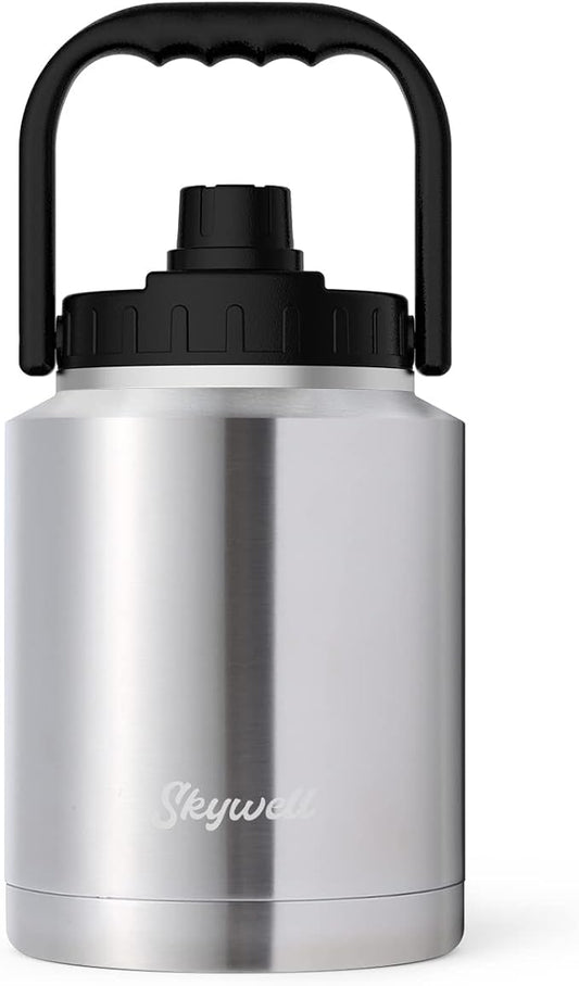 SkyWell Half Gallon Insulated Water Bottle with Handle and Wide Mouth Water Flask Sweat-Proof and Leak-Proof 64 Oz Water Jug for Outdoors, Silver