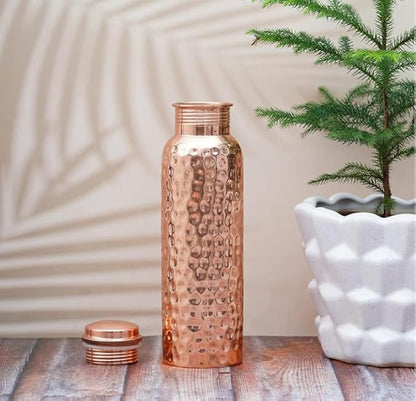 Pure Copper Water Bottle, Hammered Seamless, UNLINED, UNCOATED and LACQURED-FREE, 1000 Ml (33.81 Fl Oz) Capacity For Ayurveda Health Benefits Set of 4, Rose Gold