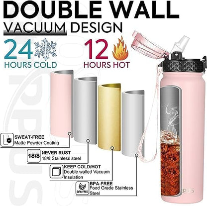 GOPPUS 32 oz Sports Water Bottle 1 Liter Double Wall Insulated Stainless Steel Water Bottles with Straw Lid Reusable Leak proof Metal water bottles with Strap Handle(Pink 1 lid)
