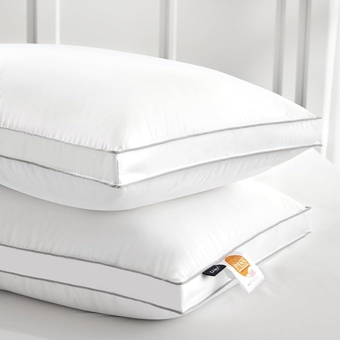 Globon Luxury Feather Down Pillow Standard Queen Size,Medium Firm Gusseted Bed Pillows for Sleeping, Hotel Collection Fluffy Pillow, 18"X26", Set of 2