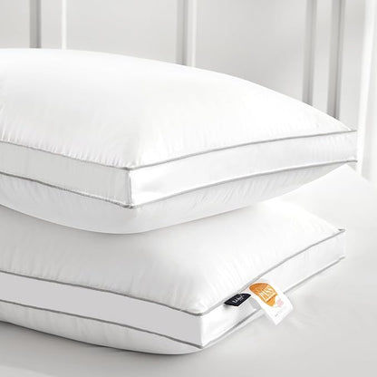 Globon Luxury Feather Down Pillow Standard Queen Size,Medium Firm Gusseted Bed Pillows for Sleeping, Hotel Collection Fluffy Pillow, 18"X26", Set of 2