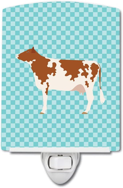 Caroline's Treasures BB8001CNL Ayrshire Cow Blue Check Ceramic Night Light Compact, UL-Certified, Ideal for Bedroom, Bathroom, Nursery, Hallway, Kitchen, 6x4x3, Multicolor