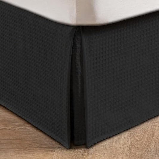 MIYE Pleated Waffle Weave Bed Skirt, Tailored Dust Ruffle 16 Inch Drop Easy Fit, Machine Washable (Black, King - 16" Drop)