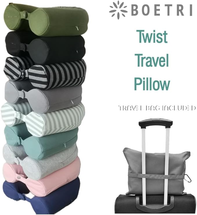 Twist Memory Foam Travel Pillow - Cotton Cover - Travel Bag Included - Adjustable, Bendable Pillow for Neck, Head, Chin, Lumbar and Leg Support (Pink)