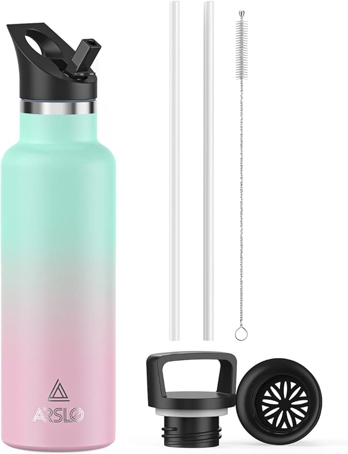 Stainless Steel Water Bottle with Straw - Insulated Water Bottle for Sports, Gym, School, Commute, Adults/Kids - Keep Cold for up to 24 Hours - Sweat/Leak-proof - 2 Lids - BPA Free