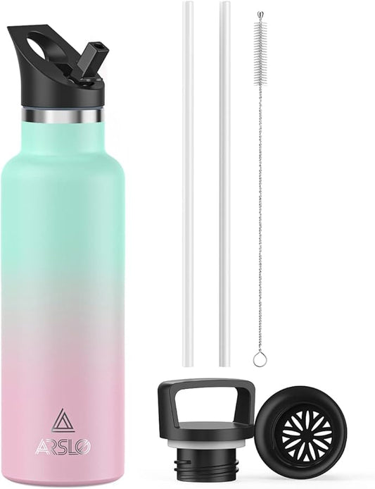Stainless Steel Water Bottle with Straw - Insulated Water Bottle for Sports, Gym, School, Commute, Adults/Kids - Keep Cold for up to 24 Hours - Sweat/Leak-proof - 2 Lids - BPA Free