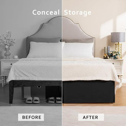 MIYE Pleated Waffle Weave Bed Skirt, Tailored Dust Ruffle 12 Inch Drop Easy Fit, Machine Washable (Black, Twin - 12" Drop)