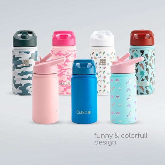 Cubitt Kids Water Bottle 14 oz with Straw Lid, Insulated Stainless Steel, Double Walled Tumbler Travel Cup, Thermo Mug, Leak Proof, Cold for up to 24 hours, Hot for up to 12 hours