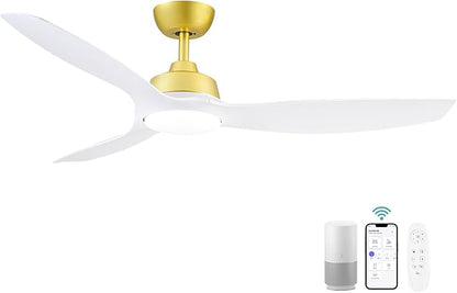 Sevenine Ceiling Fan with Light,White Gold Ceiling Fan,3 Blades,Downrod,6 Speed Adjustable,Dimmable LED,3 Timers,Reversible DC Motor, for Patio Living Room Bedroom Dining Room (White Gold, 52)