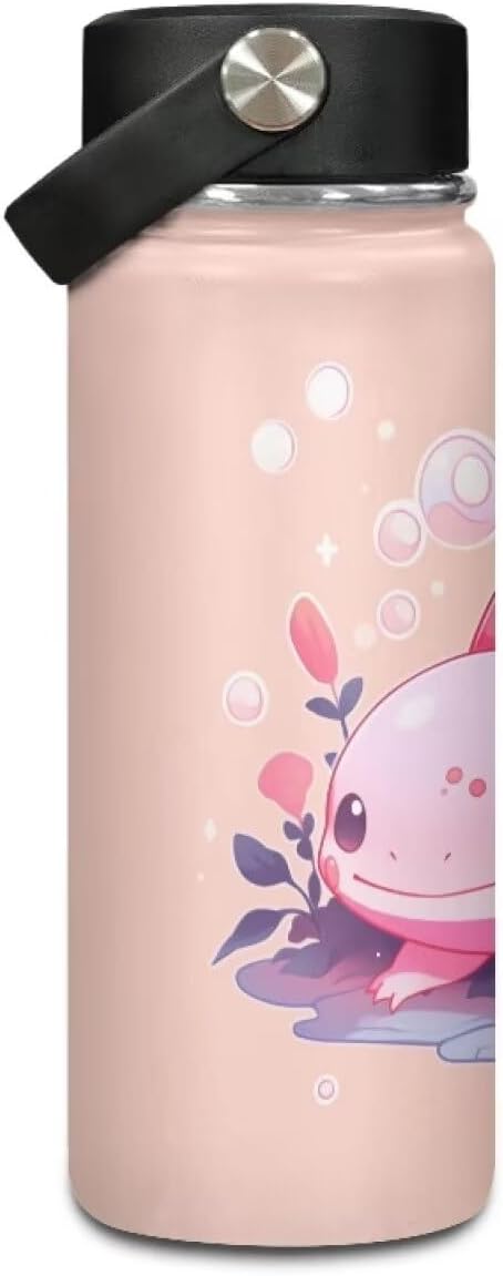 Pink Axolotl Stainless Steel Water Bottle with Handle 20 Oz Vacuum Stainless Steel Reusable Leak & Sweat Proof Gym Sports Travel Water Bottle