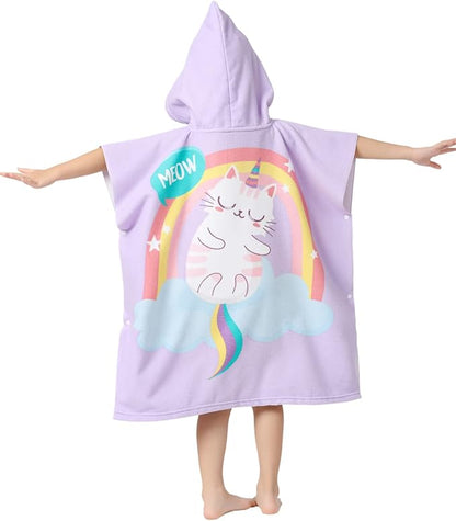 Kid Girls Hooded Towel for Bath Beach, Toddlers Poncho Cover-ups Pool Swimwear, Cat Theme with Drawstring Bag