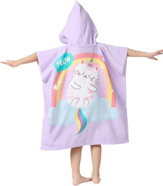 Kid Girls Hooded Towel for Bath Beach, Toddlers Poncho Cover-ups Pool Swimwear, Cat Theme with Drawstring Bag