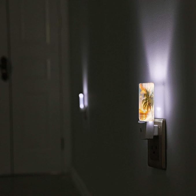 Funny Beach Tropical Palm Tree Ocean Plug in Night Light into Wall LED Nightlight Auto Sensor Dusk to Dawn lamp for Kids Room Bedroom Bathroom Nursery Kitchen Hallway Stairs Home Decorative