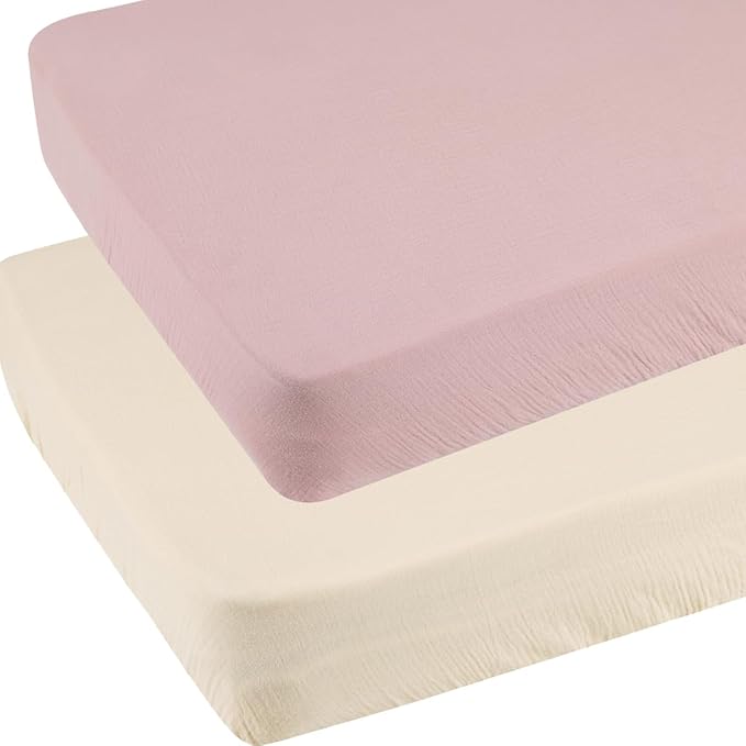 Muslin Pack and Play Sheets Fitted Compatible with 4moms Breeze Plus Playard and Other 30x43 Inch Large Playpen Mattress Snuggly Soft 100% Cotton Beige & Blush