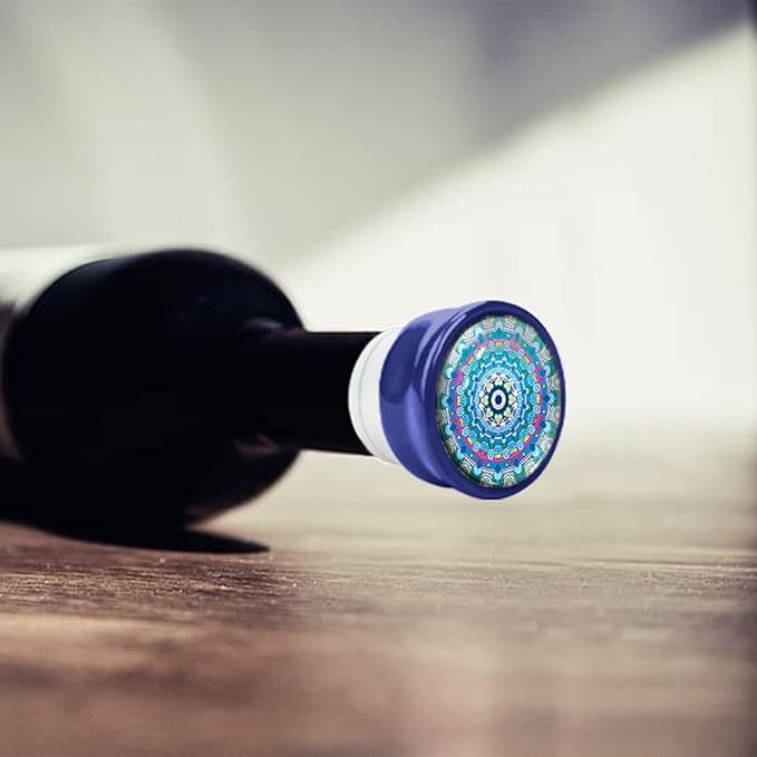 WIRESTER Set of 4 Ceramic Cork Decorative Wine Bottle Stoppers For Bar, Holiday, Party, Wedding - Bohemian Mandala (Colorful, Sunshine, Blue, Wood Look)