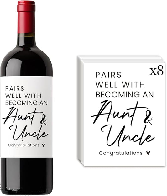 8 Pcs Pregnancy Baby Announcement Wine Labels, Funny Pregnancy Baby Announcement Gifts for Aunt And Uncle Wine Bottle Stickers Labels, Pairs Well With Becoming An Aunt And Uncle Wine Labels