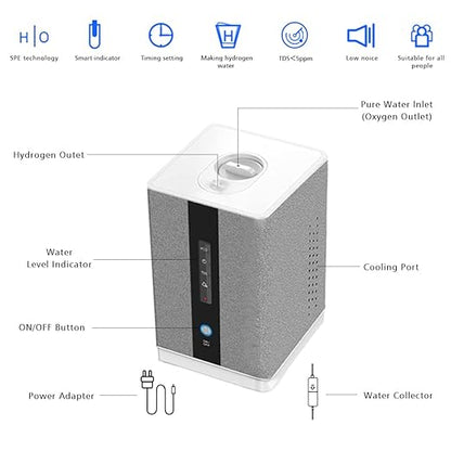Hydrogen Water Inhalation Machine, 99.99% High Purity H2 Hydrogen Inhaler with 5 Nasal Cannula, Hydrogen-Rich Water Generator, 150ml/min SPE/PEM Ionizer for Home Car Travel (Gray)