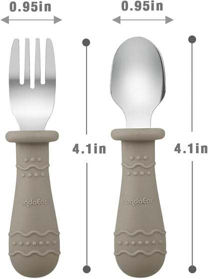 PandaEar Toddler Utensils, 6 Pack Kids Spoons and Forks, 18/8 Stainless Steel & Food Grade Silicone Children Silverware Set, Dishwasher Safe (Blue/Brown/Red)