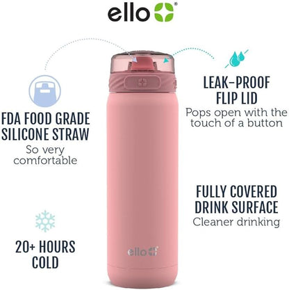 Ello Cooper 22oz Stainless Steel Water Bottle with Straw and Carry Handle, Double Walled and Vacuum Insulated Metal, Leak Proof Locking Lid with Soft Silicone Spout, Reusable, BPA Free, Coral