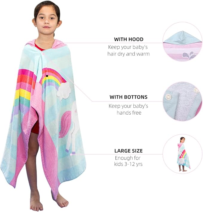 BANGSAUR Kids Beach Towels with Hood, Soft Cotton 50x30 inches Toddlers Girls Baby 3-12 Years Bath Pool Swiming Towel Wrap Cloud Unicorn