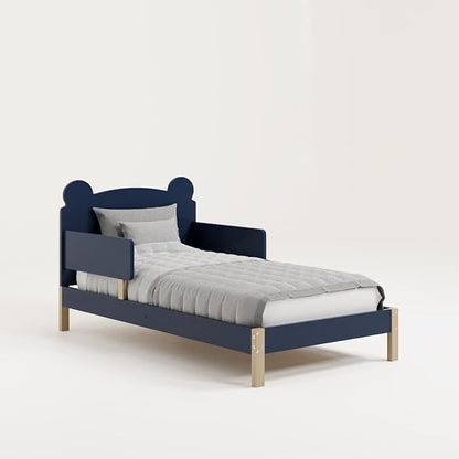 Storkcraft Teddy Bear Toddler Bed (Midnight Blue with Driftwood) - GREENGUARD Gold Certified, includes Toddler Safety Guardrails, Fits Standard Crib & Toddler Mattress, Stylish 2-Tone Design