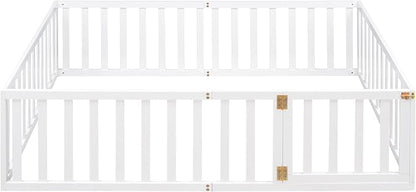 Full Size Floor Bed with Fence, Solid Wood Floor BedFrame for Kids with Door, Twin Platform Bed for Boys and Girls Kids Teens, Fun Design, for Children Bedroom