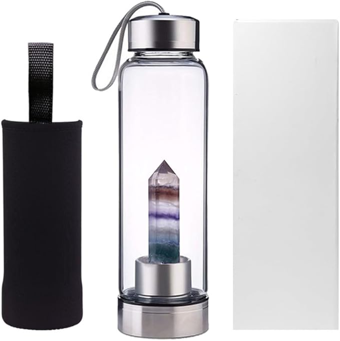 Crystal Glass Water Bottle,Water Bottle With Gemstone Center Crystal Elixir Bottle,Removable Gemstones Water Cup Crystal Column Magic Wand Energy Cup for Gifts (T-Bright Colorful Fluorite)