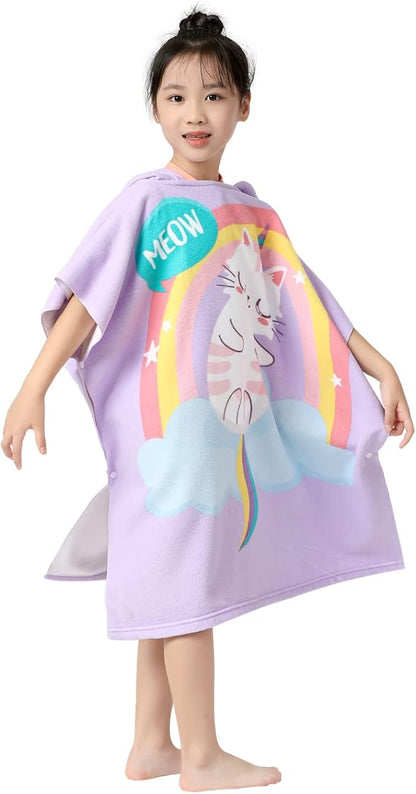 Kid Girls Hooded Towel for Bath Beach, Toddlers Poncho Cover-ups Pool Swimwear, Cat Theme with Drawstring Bag
