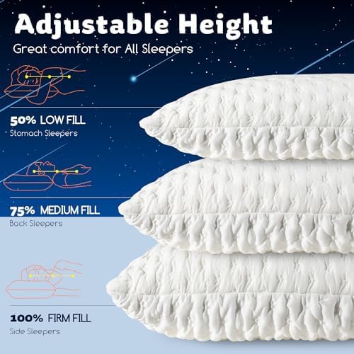 Cooling Bed Pillows for Sleeping Shredded Memory Foam Adjustable Cool Rayon Derived from Pillow for Side Back Stomach Sleepers Luxury Gel Queen Size 1 Pack Washable Removable Cover
