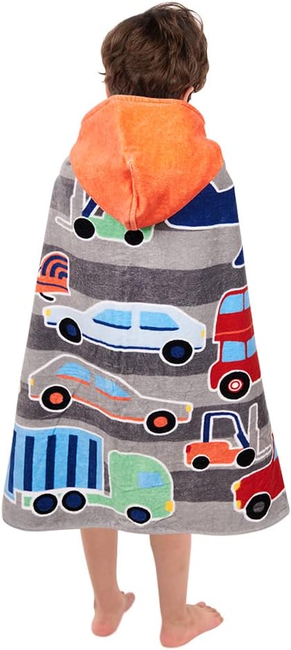 Kids Hooded Bath Beach Towel Girls Boys, Super Absorbent & Soft Towel Poncho for Shower/Beach/Pool Child Cover ups 50"x30" Large Towel Wrap (Car Pattern)