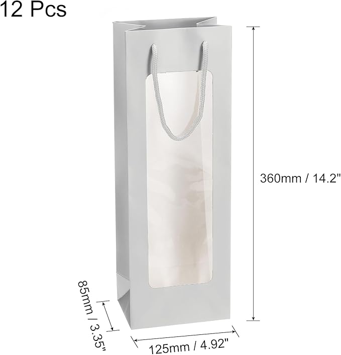 uxcell Wine Bags, 12pcs 4.92"x3.35"x14.2" Wine Gift Bags with Rope Handles, Paper Wine Tote Bag with Clear Window for Wedding Birthday Christmas Party Supplies, Silver
