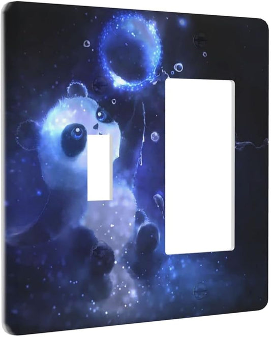 Cute Baby Panda Light Switch Cover Wall Plate Decorative 2 Gang Combination 1 Toggle 1 Rocker Outlet Covers Blue for Farmhouses Kitchens Bedrooms 4.5 x 4.5 in