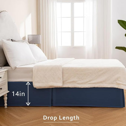 MIYE Pleated Waffle Weave Bed Skirt, Tailored Dust Ruffle 14 Inch Drop Easy Fit, Machine Washable (Navy Blue, Queen - 14" Drop)