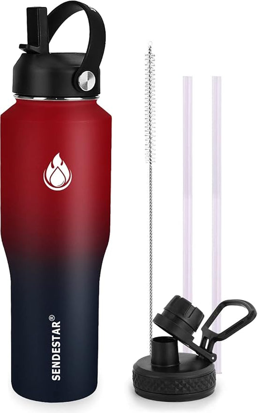 SENDESTAR Water Bottle 32oz,2 Lids(Straw lid),Wide Mouth Stainless Steel Vacuum Insulated Double Wall Keep Liquids Cold or Hot All Day,Sweat Proof Sport Design,Fit Car Cup Holder(Red&Blue)