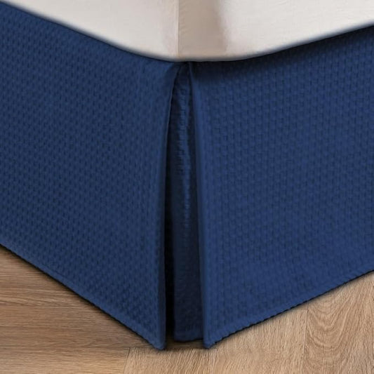 MIYE Pleated Waffle Weave Bed Skirt, Tailored Dust Ruffle 14 Inch Drop Easy Fit, Machine Washable (Navy Blue, Queen - 14" Drop)