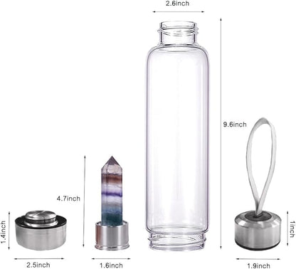 Crystal Glass Water Bottle,Water Bottle With Gemstone Center Crystal Elixir Bottle,Removable Gemstones Water Cup Crystal Column Magic Wand Energy Cup for Gifts (T-Bright Colorful Fluorite)