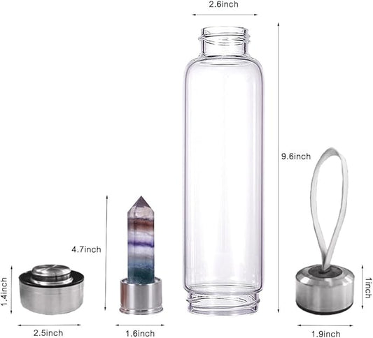 Crystal Glass Water Bottle,Water Bottle With Gemstone Center Crystal Elixir Bottle,Removable Gemstones Water Cup Crystal Column Magic Wand Energy Cup for Gifts (T-Bright Colorful Fluorite)