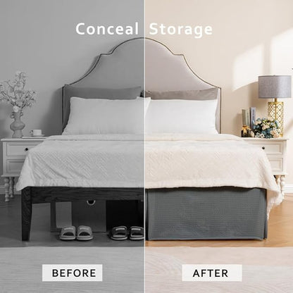 MIYE Pleated Waffle Weave Bed Skirt, Tailored Dust Ruffle 16 Inch Drop Easy Fit, Machine Washable (Dark Grey, Twin - 16" Drop)
