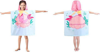 Kids Blue Mermaid Hooded Beach Towel Girls Cute Poncho Pool Towels with Hood 24*47 in Soft Microfiber Swim Cover-ups Kids Ages 3-10 Thick Absorbent Cotton Hooded Bath Towel Wrap Bathrobe