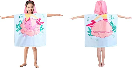 Kids Blue Mermaid Hooded Beach Towel Girls Cute Poncho Pool Towels with Hood 24*47 in Soft Microfiber Swim Cover-ups Kids Ages 3-10 Thick Absorbent Cotton Hooded Bath Towel Wrap Bathrobe