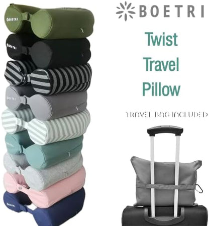 Twist Memory Foam Travel Pillow - Cotton Cover - Travel Bag Included - Adjustable, Bendable Pillow for Neck, Head, Chin, Lumbar and Leg Support (Aqua Green)