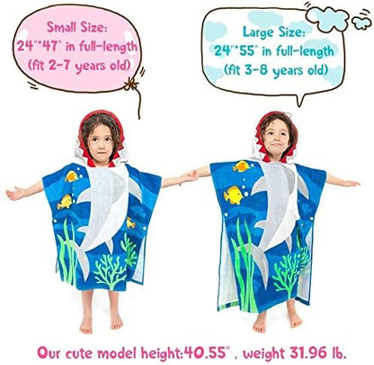 Toddler Hooded Beach Towel Coverup Cape Kids 100% Cotton Soft Quick Dry Absorbent Use for Swim Pool Bath Poncho Towels for 3 to 8 Years Old Children Size 24"x 55" in Full-Length (Brave Shark)