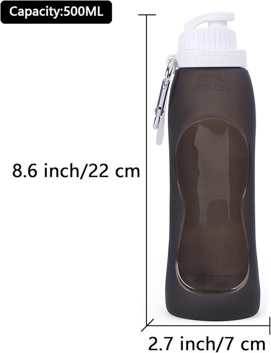 Wesoke Sport Collapsible Water Bottles Black, 500 ml/17oz Foldable Travel Water Bottle Cup, Lightweight Food Grade Silicone Reusable Leakproof Water Bottles with Carabiner for Gym Running Cycling