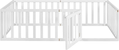 Twin Size Floor Bedframe with Door and Safety Guardrails Fence, Solid Wooden Toddler Montessori Platform Bed for Children Bedroom, Boys Girls, Kids Playroom