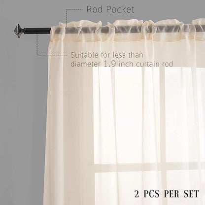 Beige Sheer Curtains 95 Inches long Panels Rod Pocket 2 Panels Translucent Solid Color Voile Beige Drapes for Bedroom Living Room 2 Panels 52x95
