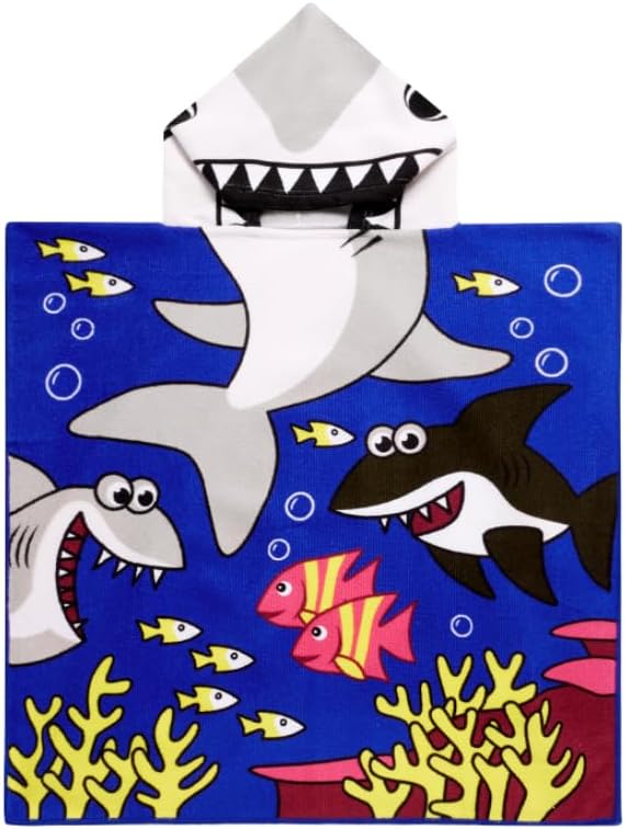 Kids Shark Hooded Beach Towel Boys Cute Poncho Pool Beach Towels with Hood 24*47 in Soft Microfiber Swim Cover-ups for Kids Ages 3-10 Thick Absorbent Cotton Hooded Bath Towel Wrap Bathrobe