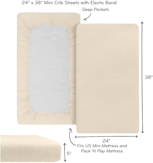 Denmark - Super Soft Muslin Mini Crib Sheets - 24'' x 38'' - 100% Organic Baby Crib Sheets for Boys and Girls (Fog)