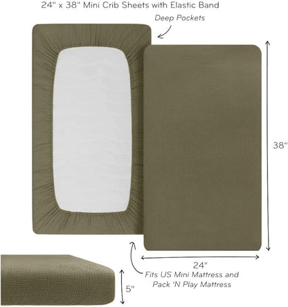 Denmark - Super Soft Muslin Mini Crib Sheets - 24'' x 38'' - 100% Organic Baby Crib Sheets for Boys and Girls - 2-Pack (Blush/Sage Green)